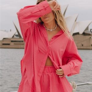 Daily Drills pink and red striped poplin shirt *new with tags*